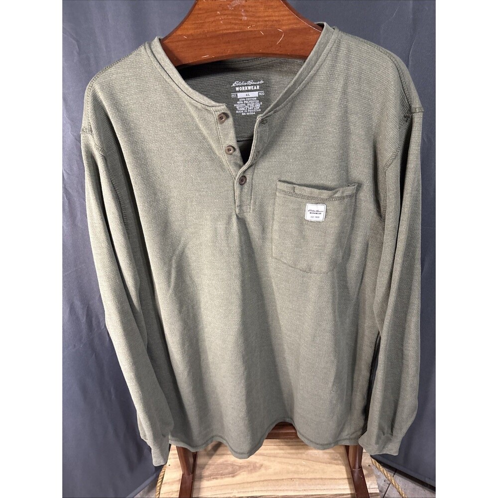 Eddie Bauer Workwear Chest Pocket LS Size XL Moss Green Button Neck Cotton Blend